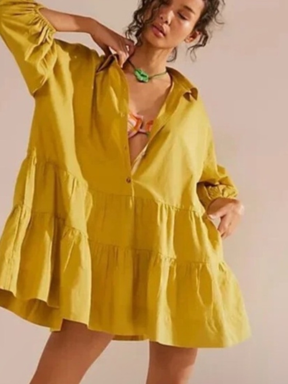 Free People Misha Yellow Tiered Button-Front Women’s Tunic Dress, Sz XS, NWOT